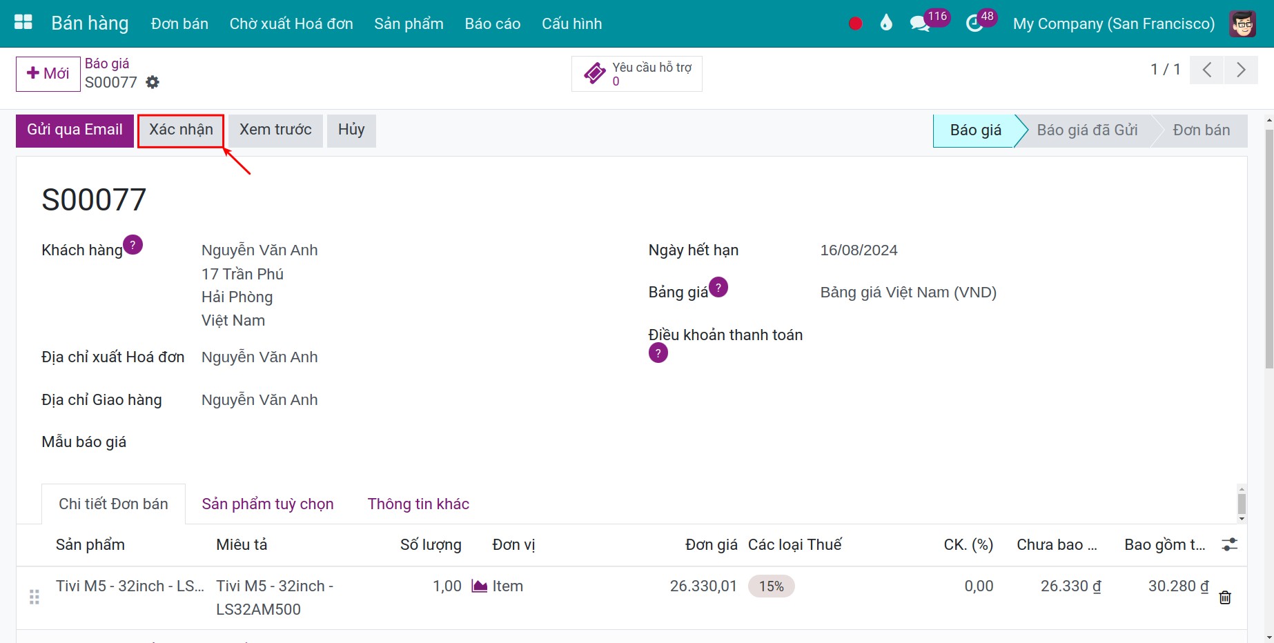 Xác nhận báo giá Invoice Viindoo