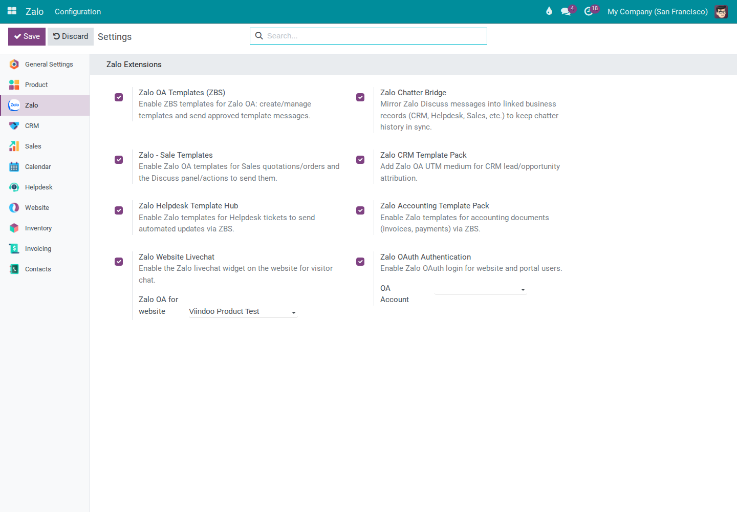 Màn hình Cài đặt Zalo với trường Zalo OA cho trang web