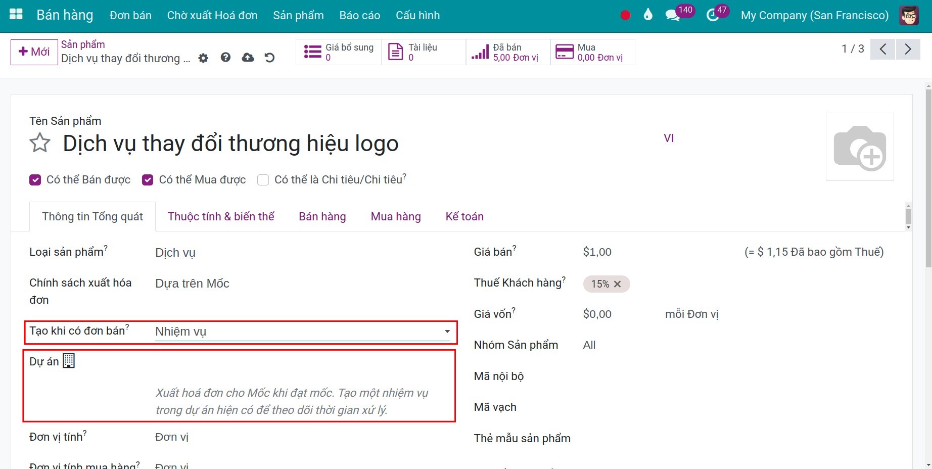 Chọn dự án liên kết với nhiệm vụ được tạo