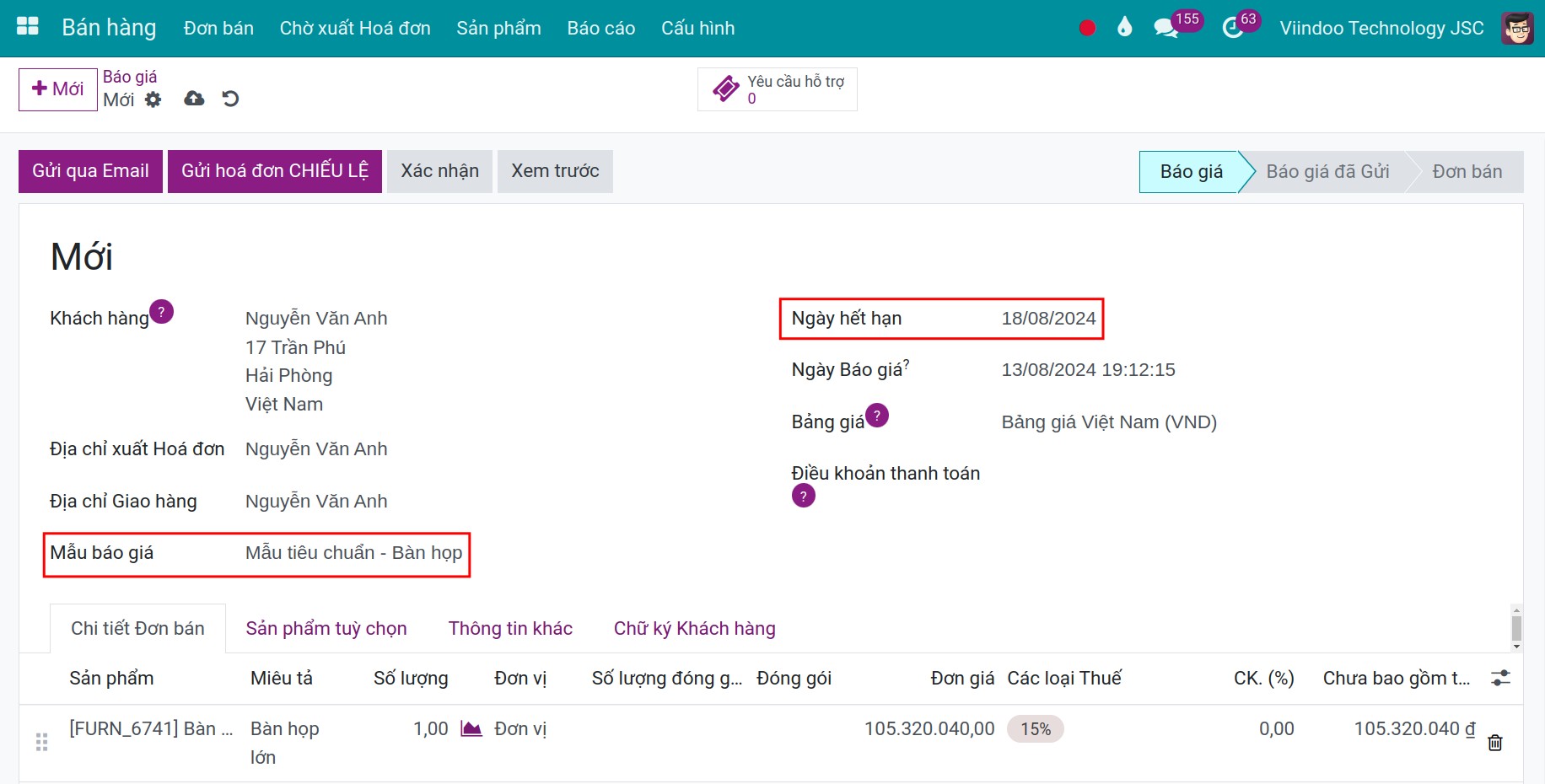 Chọn khách hàng và mẫu báo giá trên báo giá