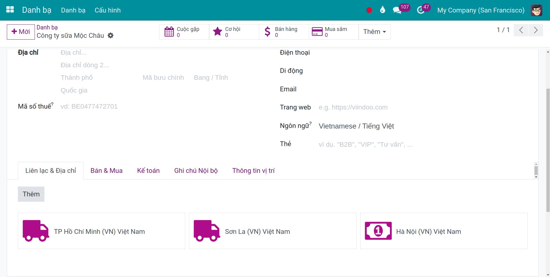 Địa chỉ hóa đơn và địa chỉ giao hàng trong liên hệ Contacts Viindoo