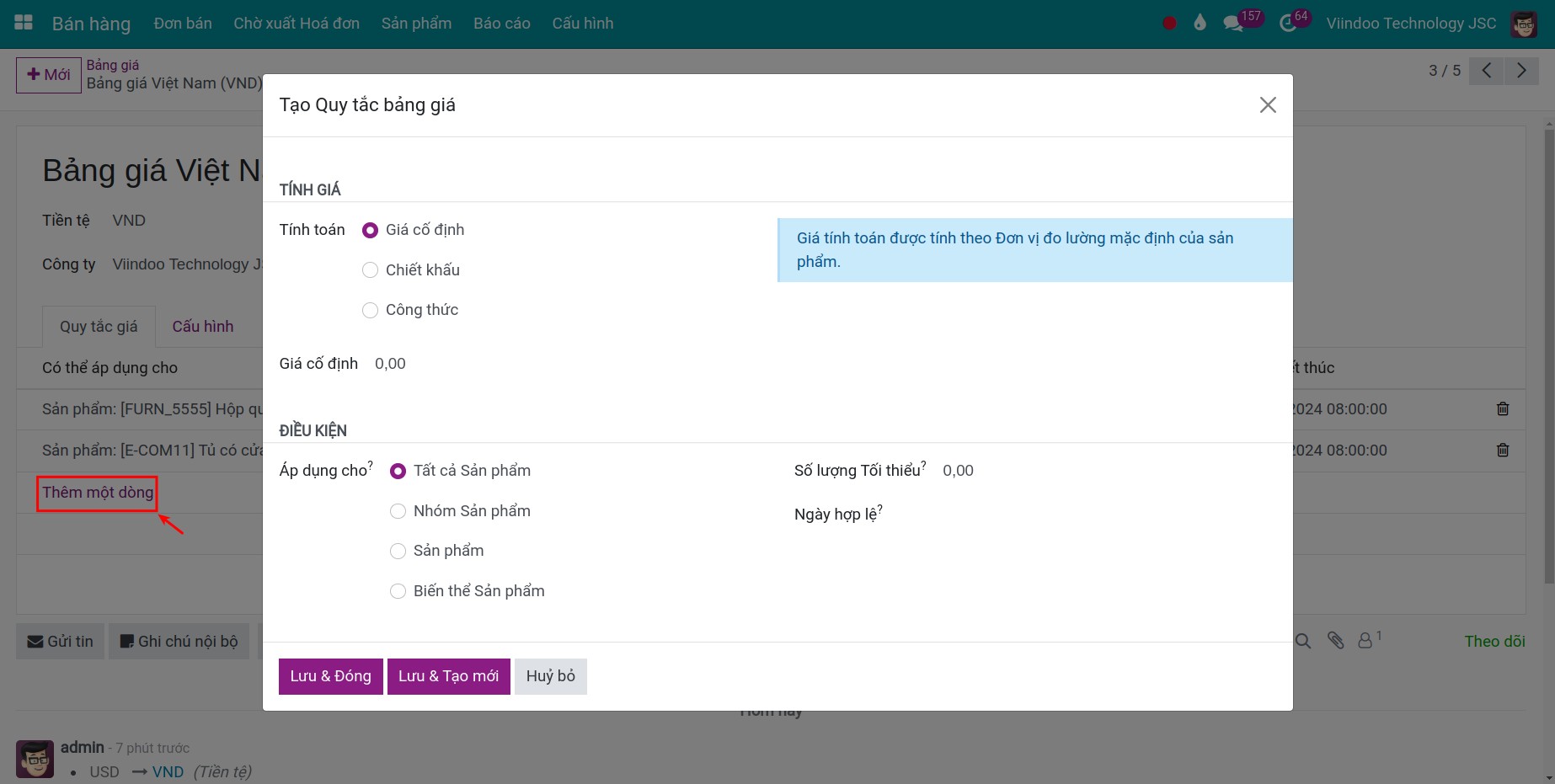 Giao diện thiết lập công thức tính giá