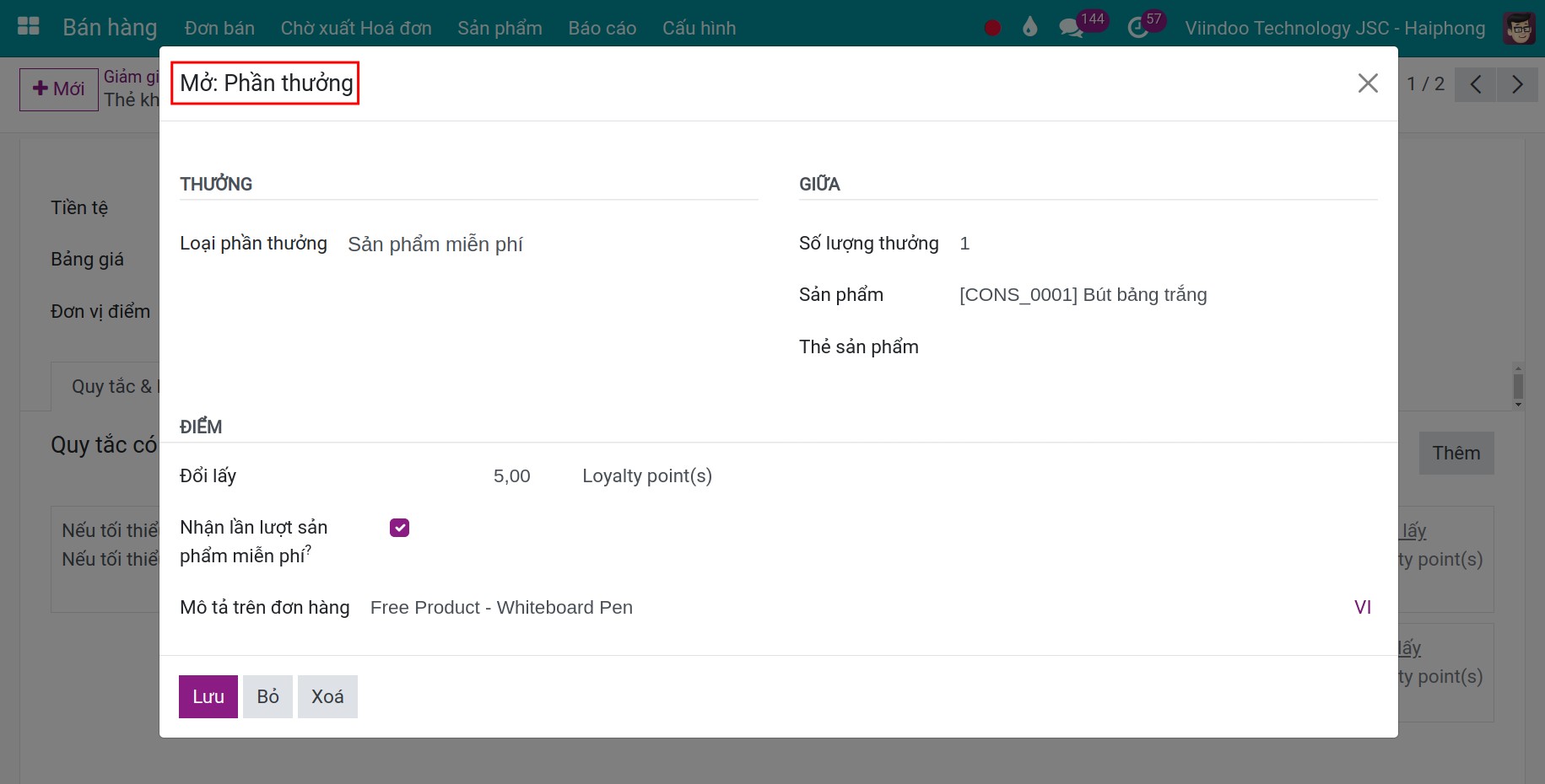 Thiết lập phần thưởng cho chương trình thẻ khách hàng thân thiết