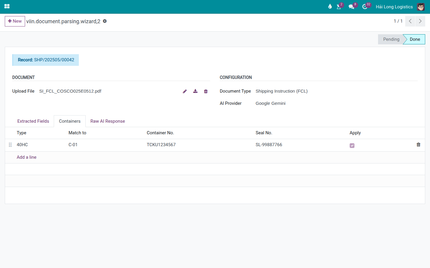 SI FCL extraction result showing the 40HC container, seal, and cargo details for the user to verify before applying.