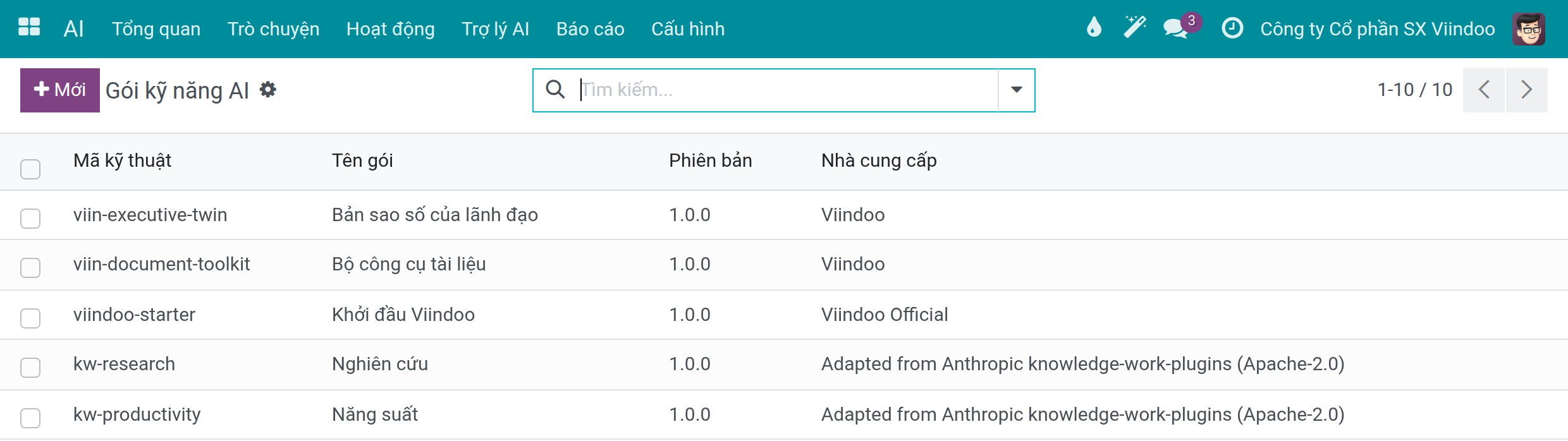 Danh sách gói kỹ năng với mã, tên, phiên bản và nhà cung cấp