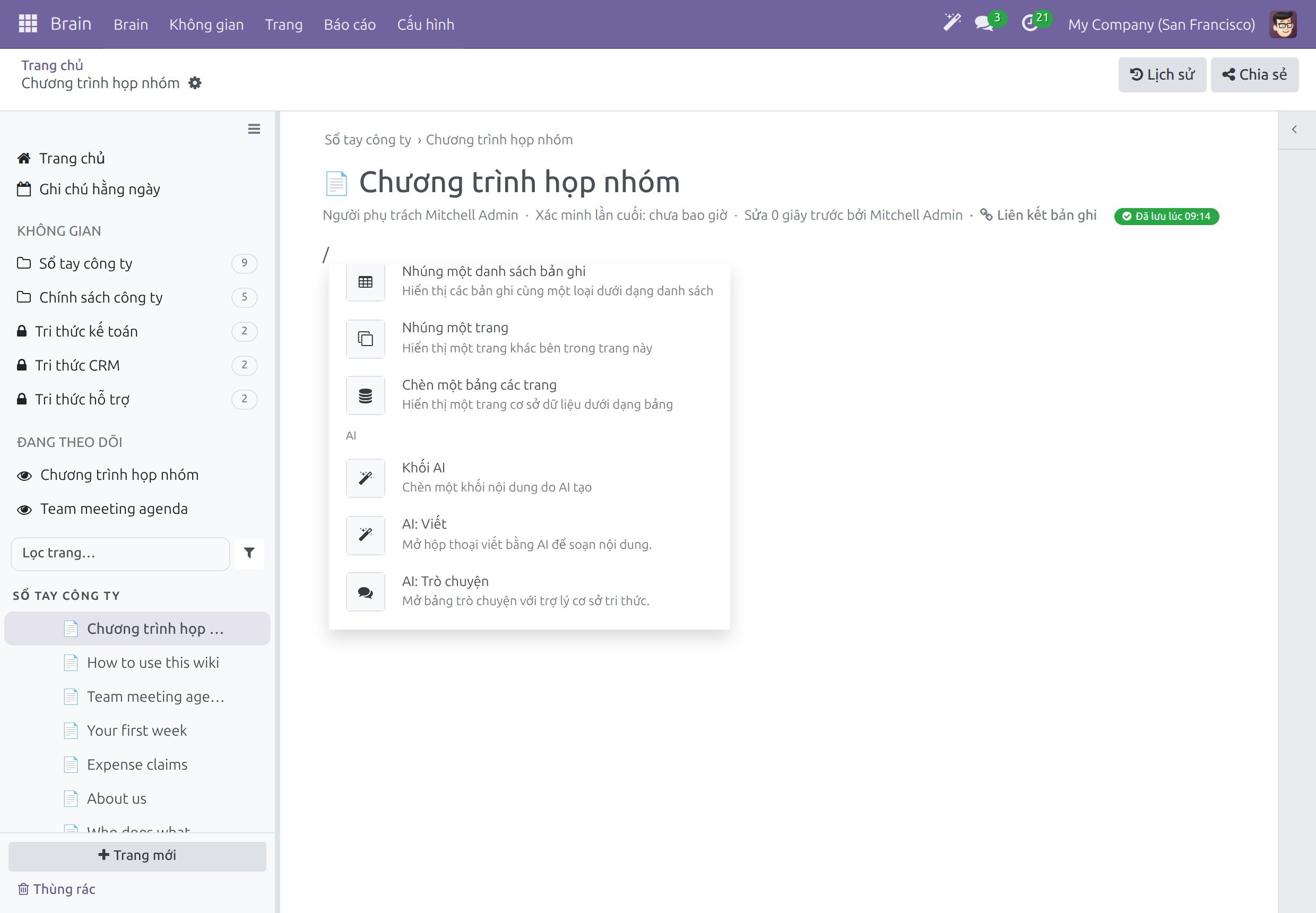 Menu gạch chéo được cuộn tới nhóm AI, gồm Khối AI, AI: Viết và AI: Trò chuyện