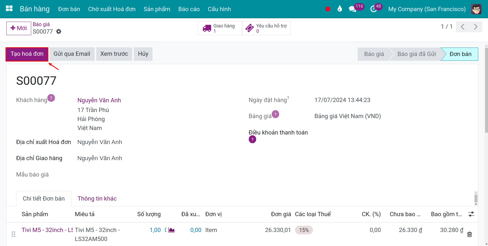 Tạo hóa đơn theo số lượng đặt hàng Invoice Viindoo