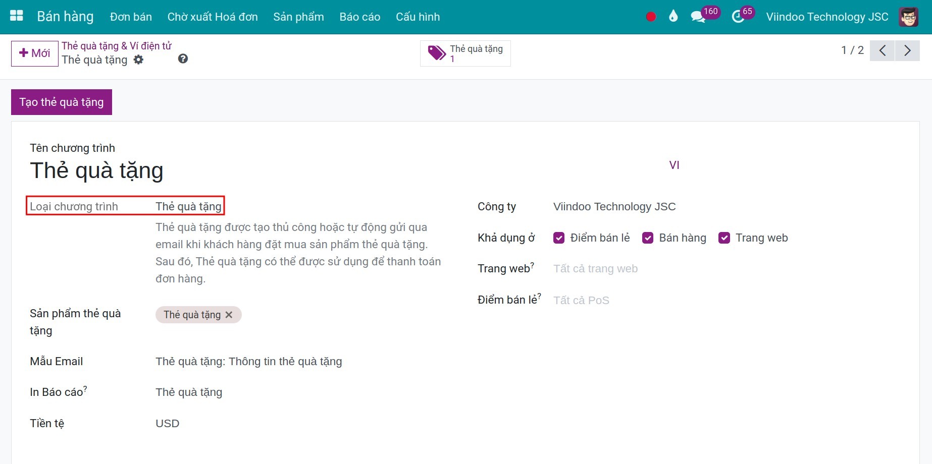 Thiết lập chương trình thẻ quà tặng trong Viindoo