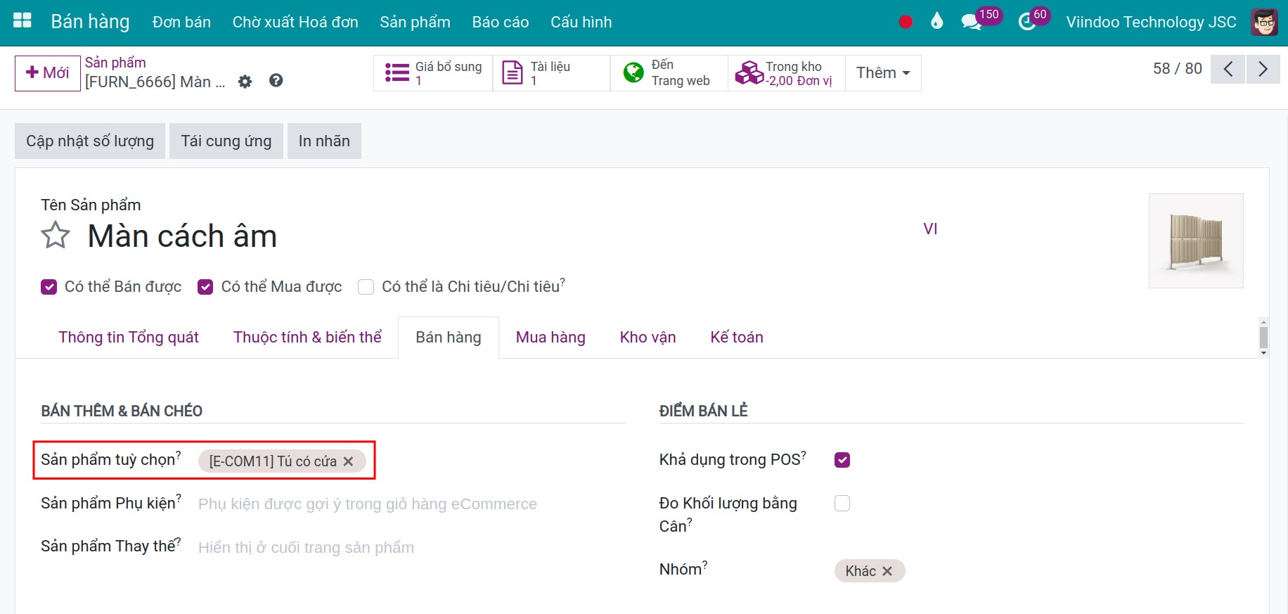 Cấu hình sản phẩm tùy chọn trong bán hàng - Viindoo.