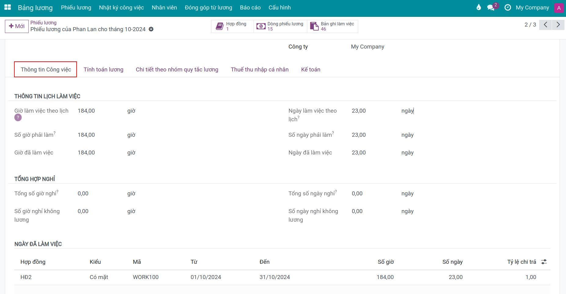 Thông tin lịch làm việc trên phiếu lương Viindoo