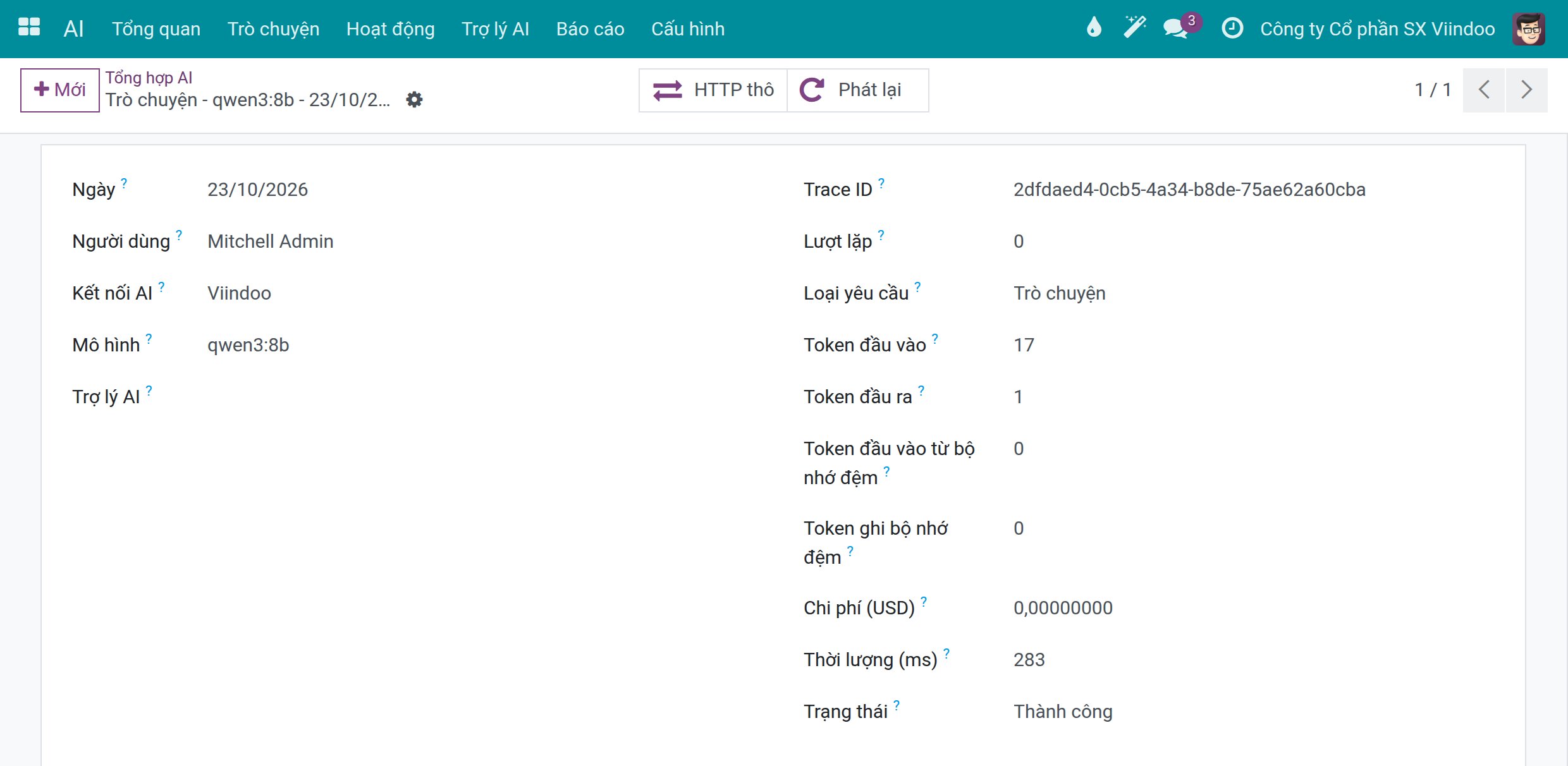 Một lần gọi với các nút HTTP thô và Phát lại, Trace ID, token, chi phí và trạng thái