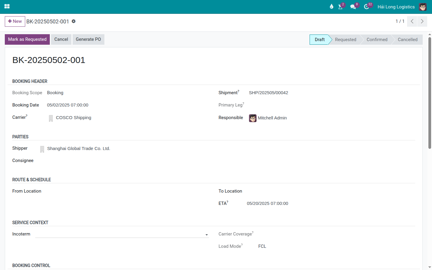 Booking form after applying data from the Booking Confirmation, with schedule and cutoff fields updated.