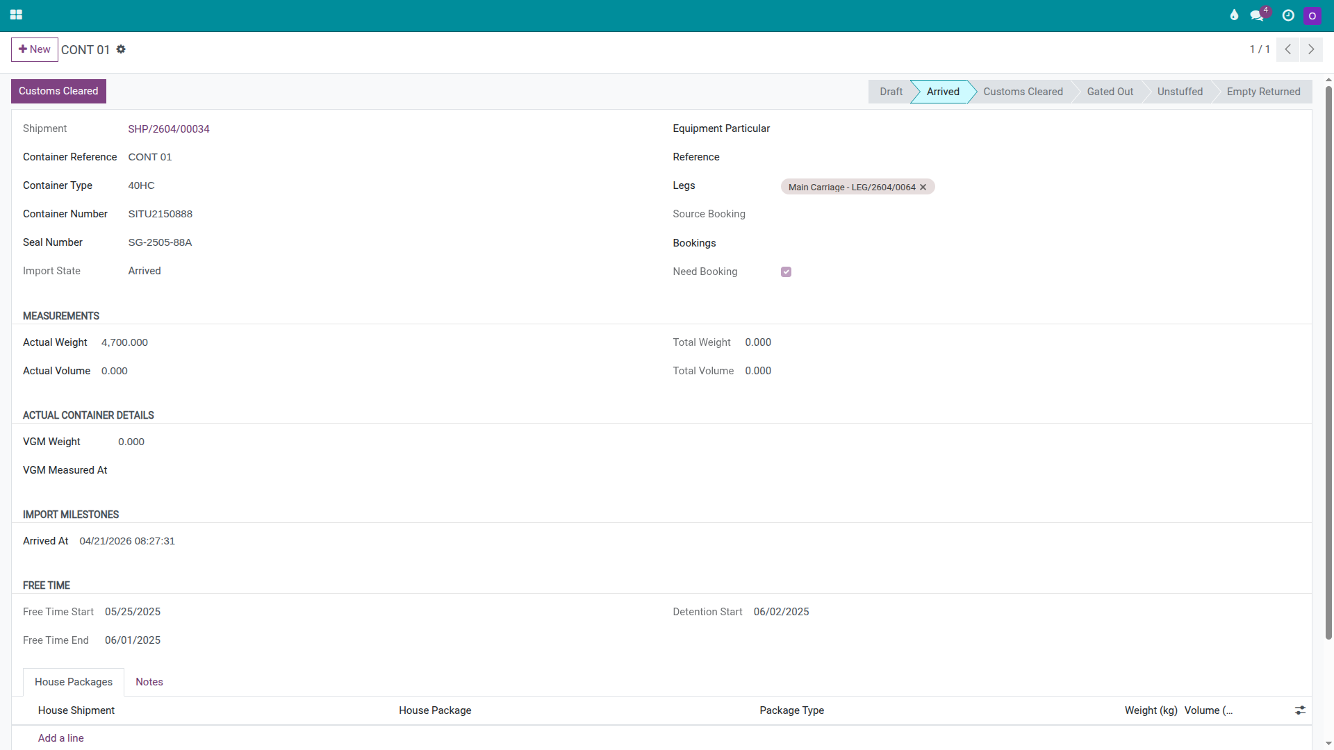 Master import container recorded as Arrived with the Free Time End date visible.