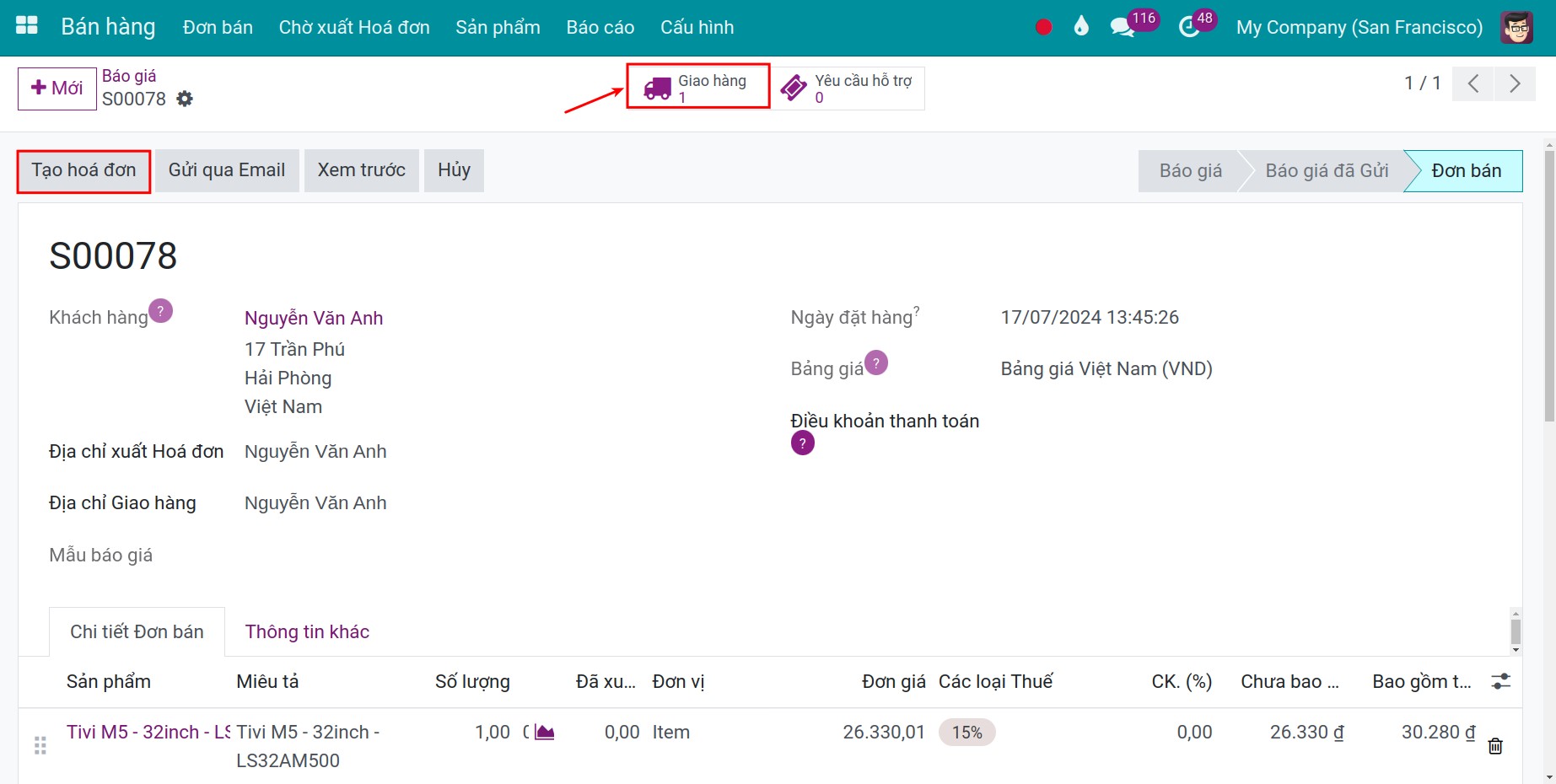 Không gợi ý tạo hóa đơn Invoice Viindoo