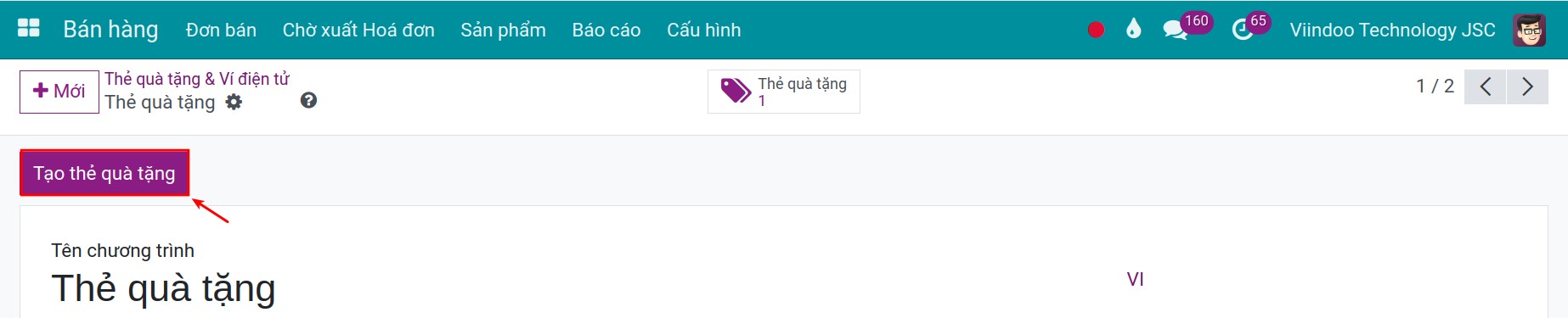 Tạo thẻ quà tặng trong Viindoo
