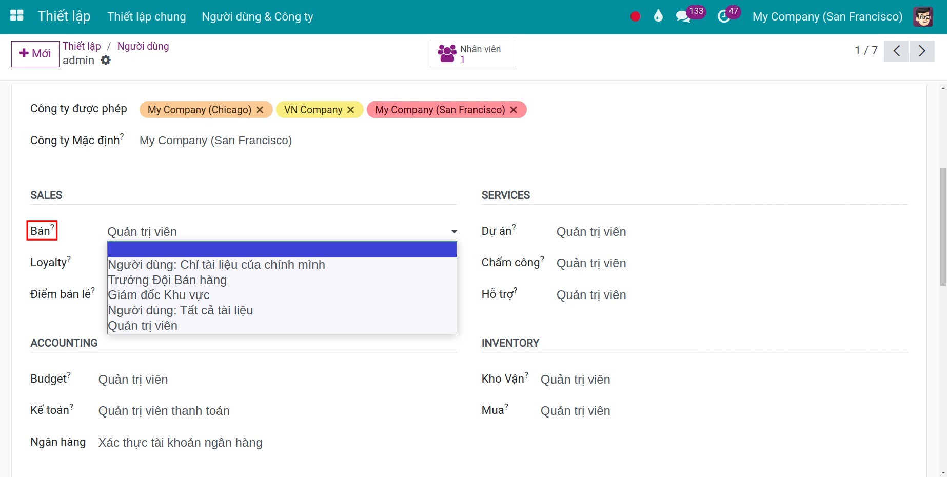 Phân quyền mặc định ứng dụng Bán hàng - Viindoo