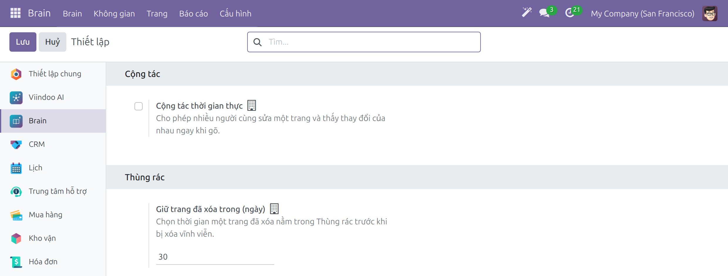 Thẻ Brain của Thiết lập với mục Cộng tác và mục Thùng rác có trường Giữ trang đã xóa trong (ngày)