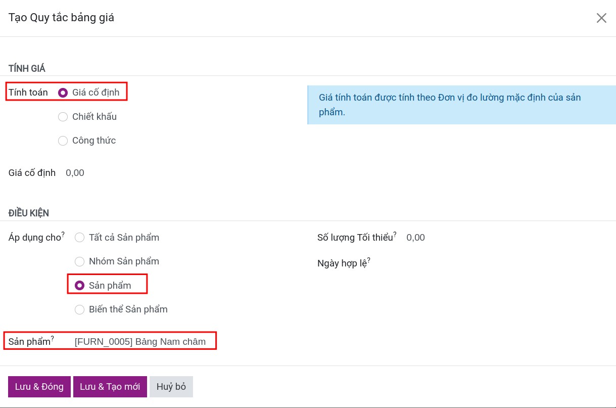 Tạo bảng giá với giá cố định