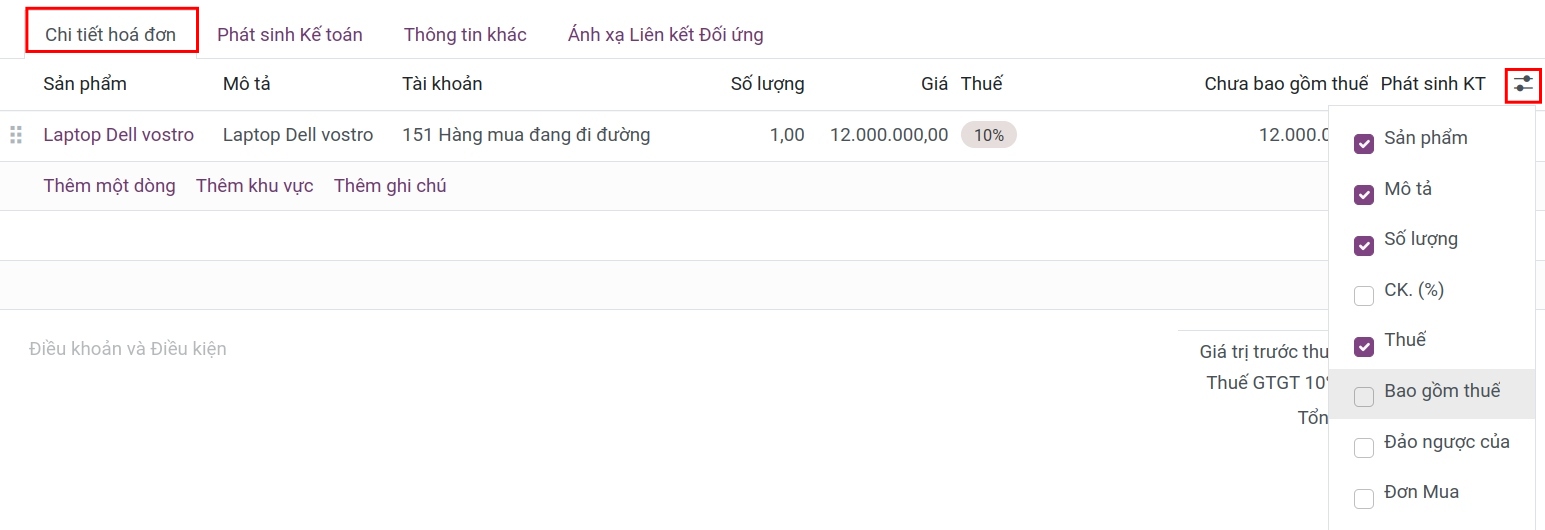 Thông tin Đơn mua liên kết với hóa đơn.