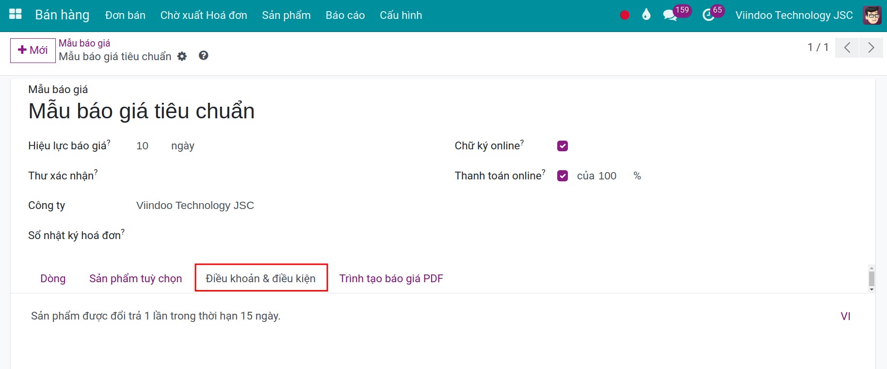 Thông tin xác nhận mẫu báo giá - Viindoo
