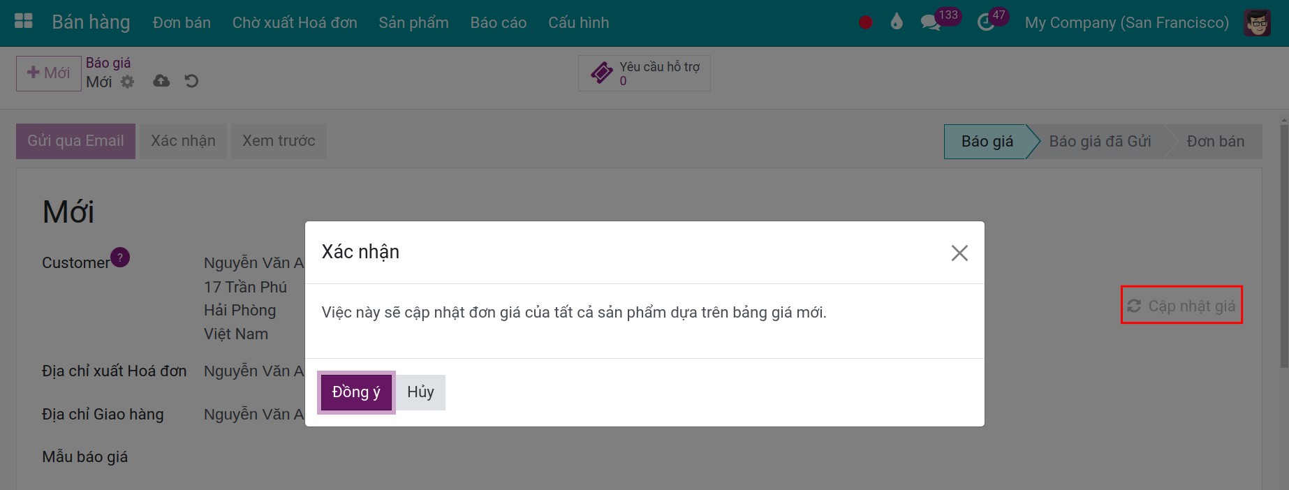 Giá được cập nhật trên đơn bán