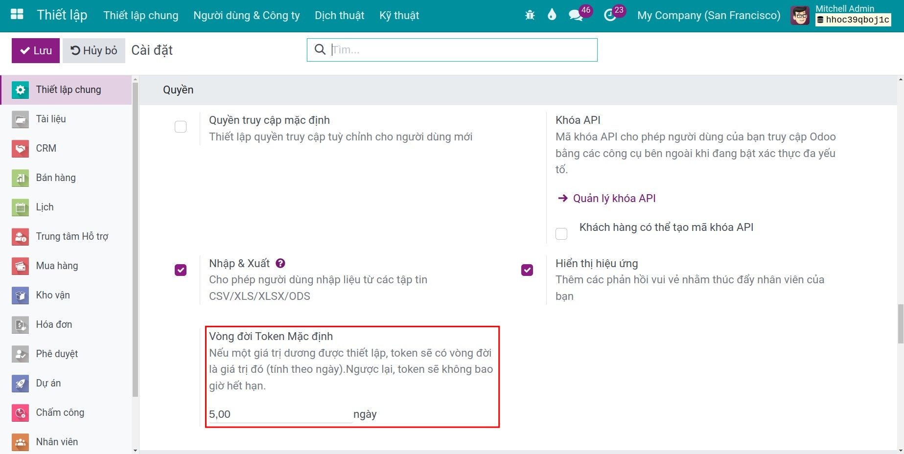 Cấu hình vòng đời token mặc định cho tài liệu trong Viindoo
