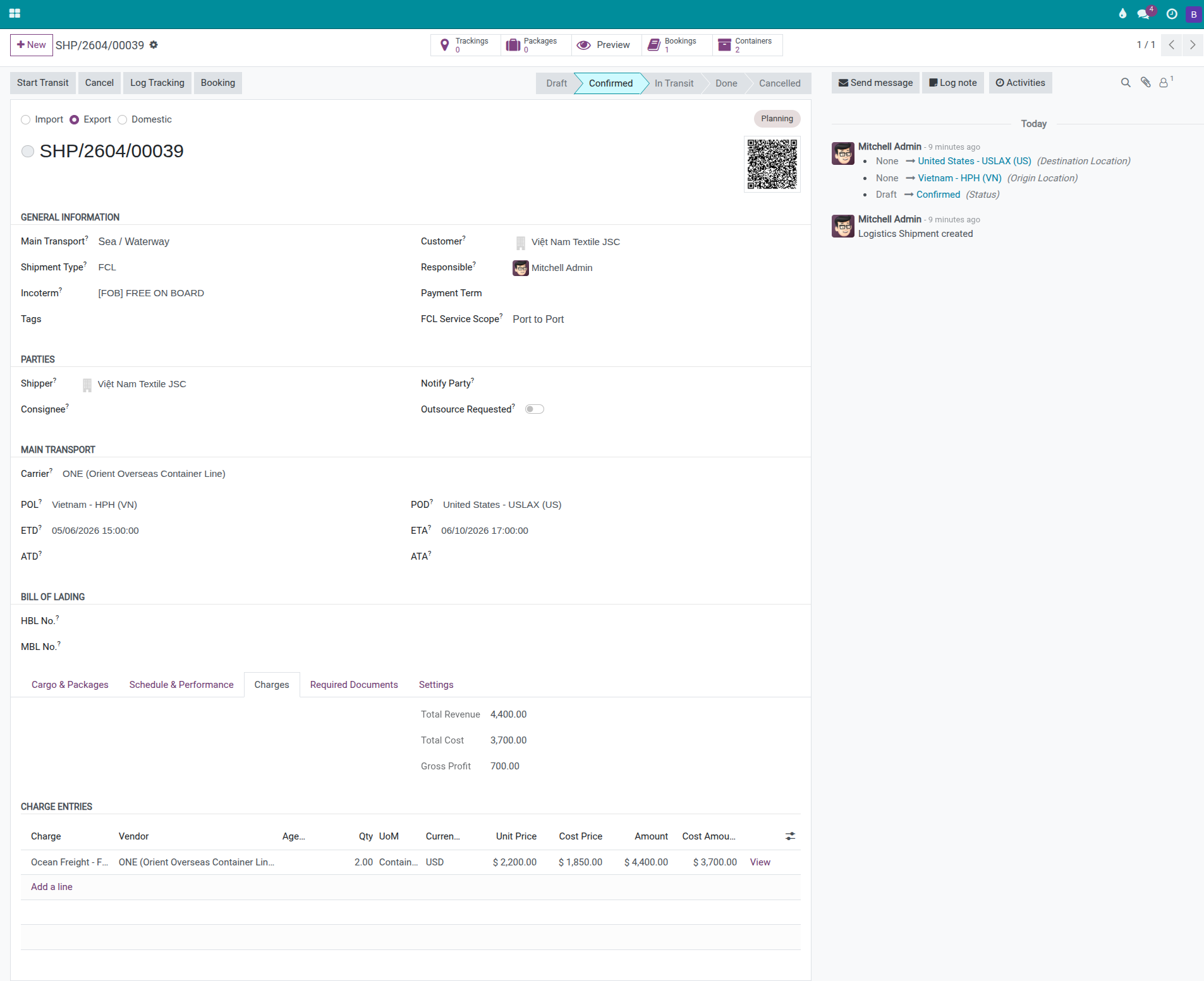 Shipment Charges tab after booking is confirmed, showing the Ocean Freight line with sell price, cost price, and gross profit.