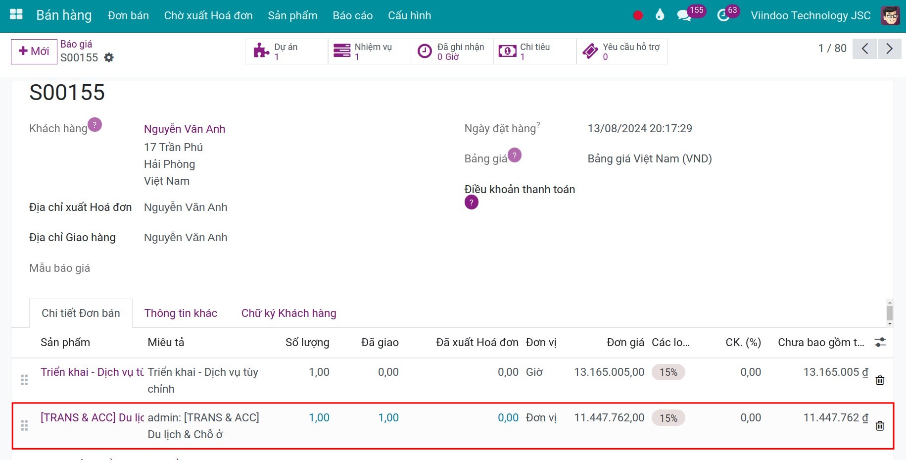 Chi phí được cập nhật trên đơn bán để xuất trả cho khách hàng.