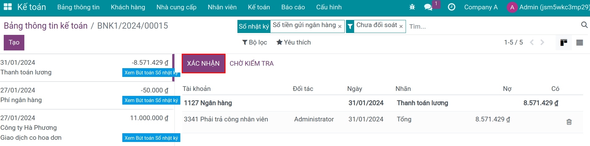Đối soát tài khoản ngân hàng với phải trả nhân viên -Kế toán tiền lương Viindoo
