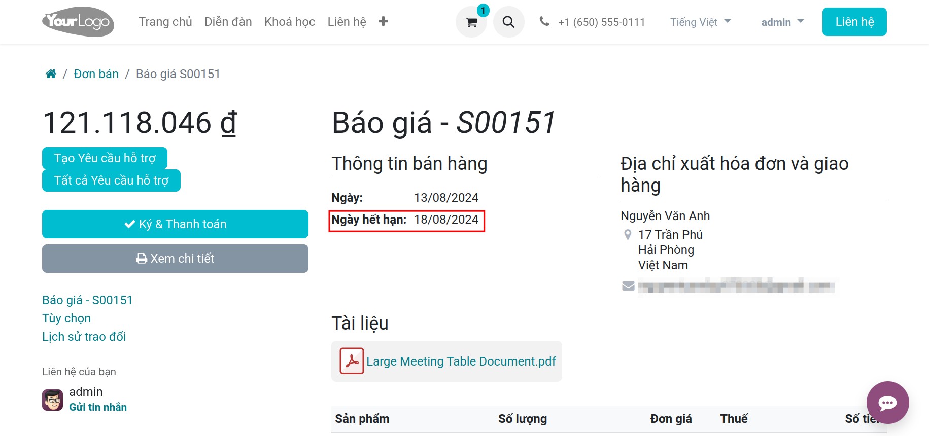 Ngày hết hạn của báo giá trên Viindoo