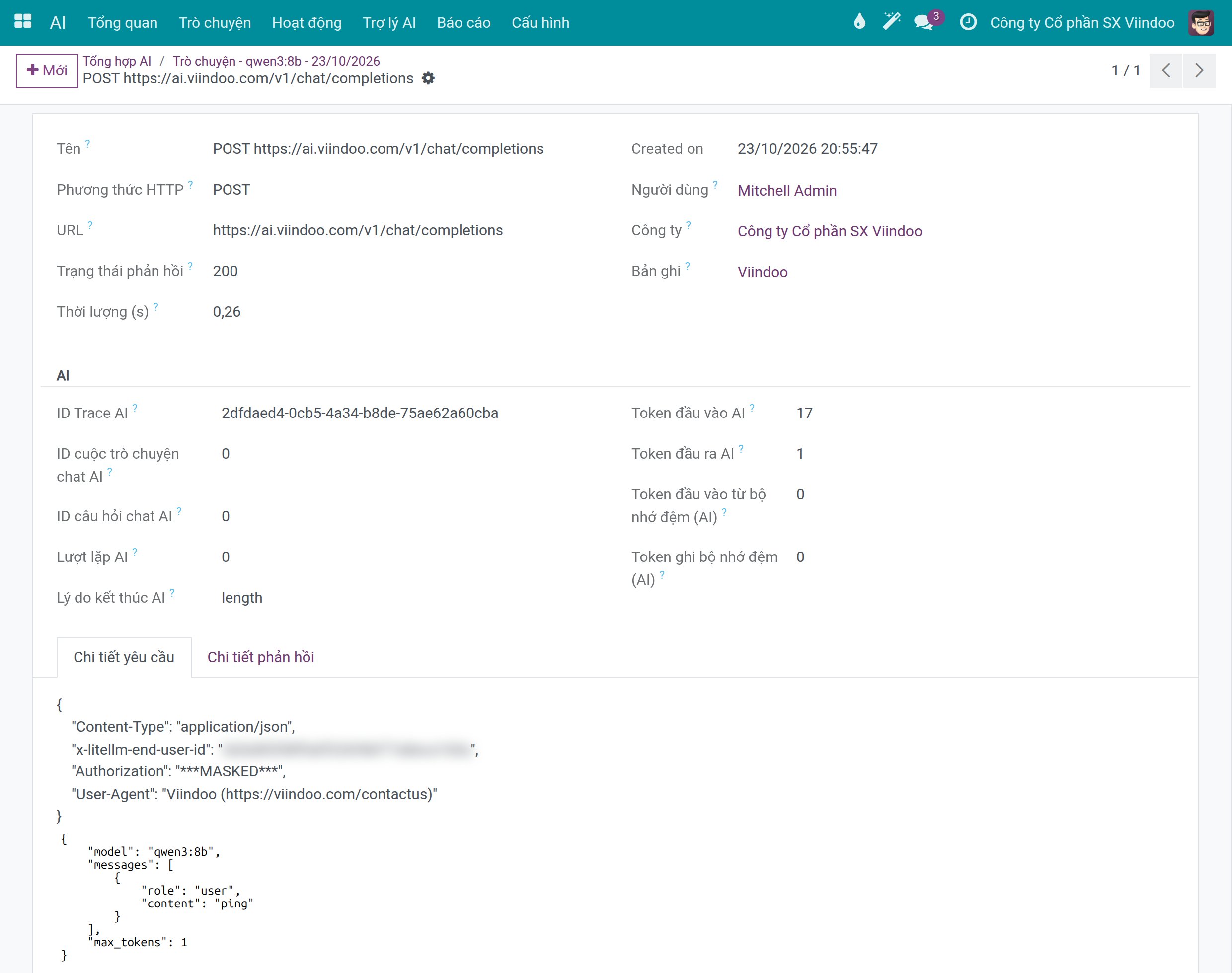 Tab Chi tiết yêu cầu của bản ghi HTTP thô với header Authorization được che và header định danh người dùng được làm mờ