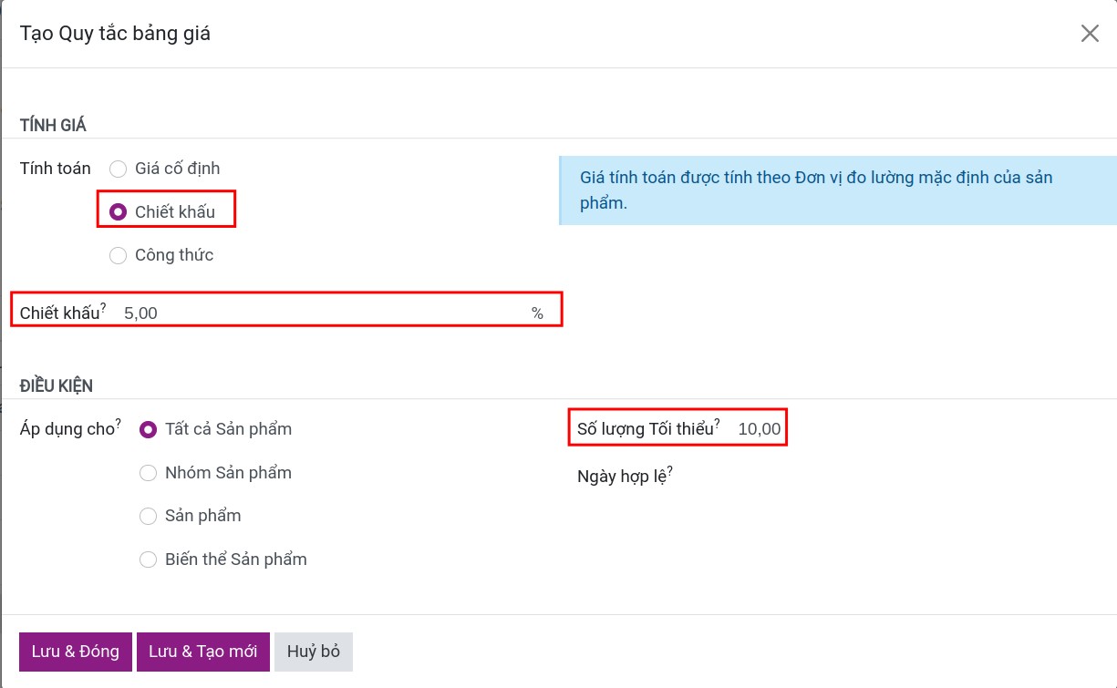 Tạo bảng giá với chiết khấu