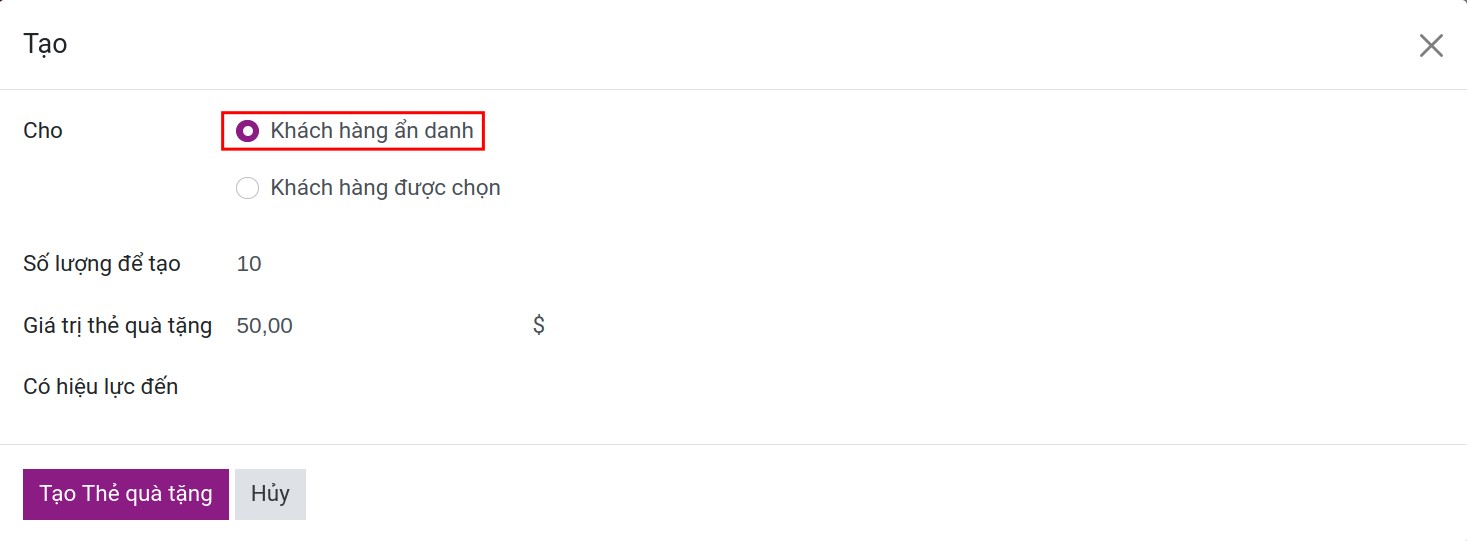 Thiết lập thẻ quà tặng trong Viindoo