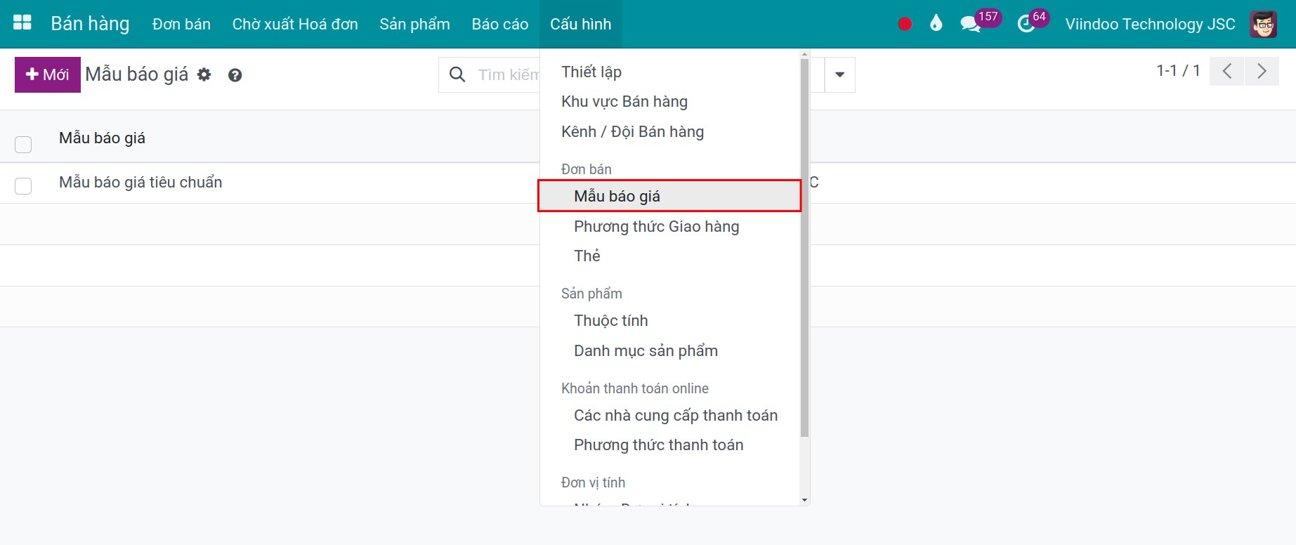 Kích hoạt mẫu báo giá trên Viindoo