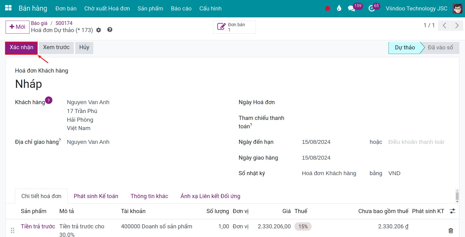 Tạo hóa đơn ghi nhận khoản tiền trả trước