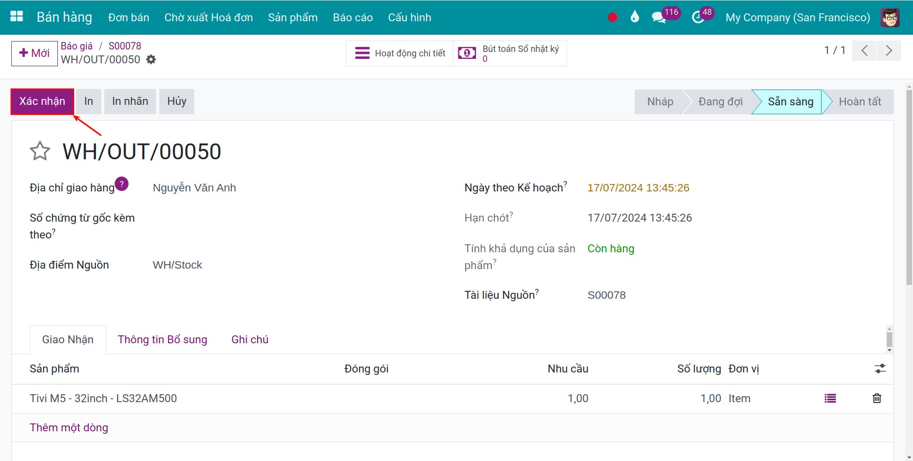 Xác nhận số lượng đã giao Invoice Viindoo