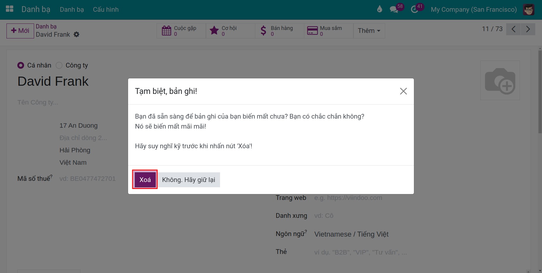 Xác nhận xóa một liên hệ