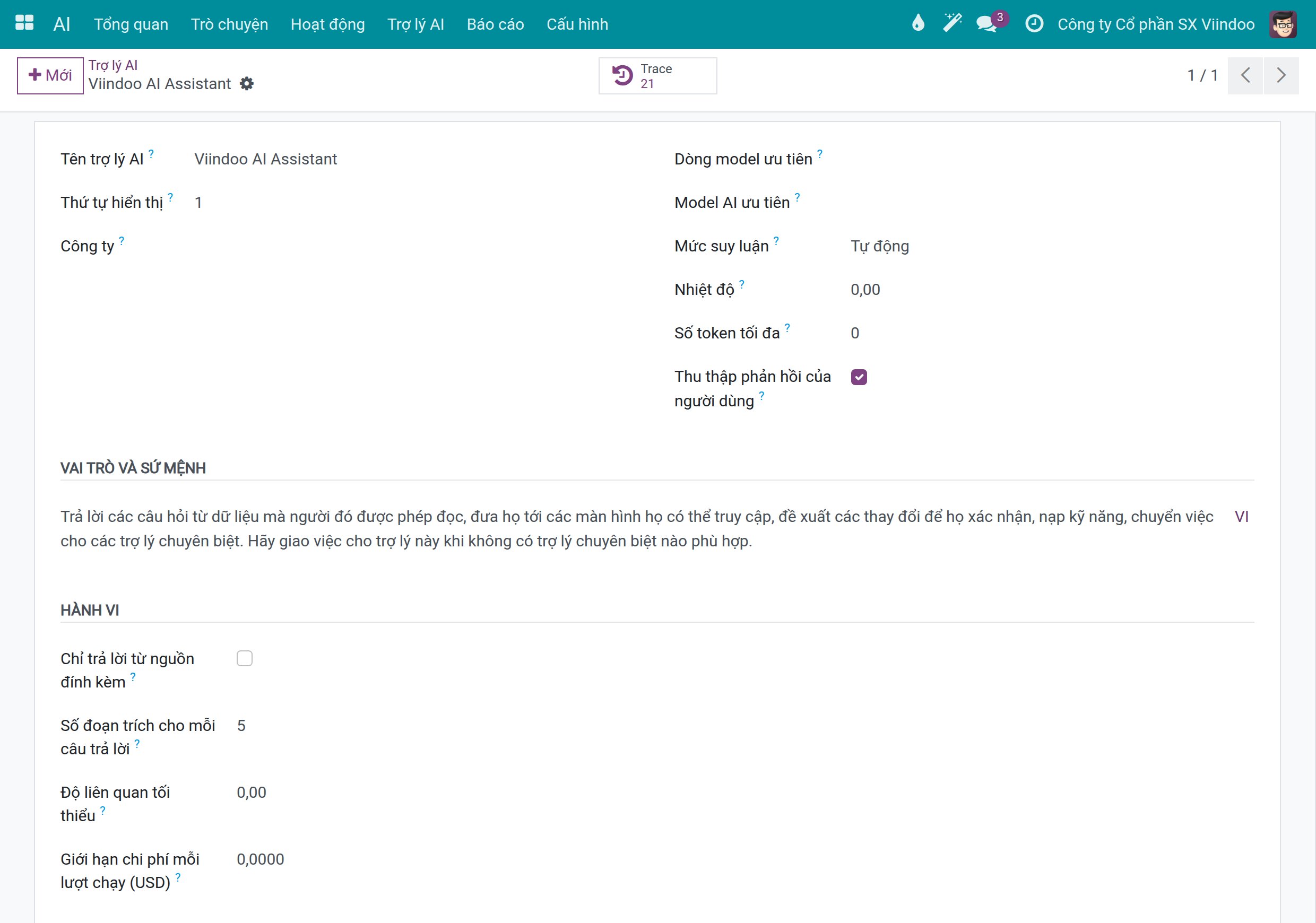 Biểu mẫu của Viindoo AI Assistant với vai trò, sứ mệnh và các thiết lập hành vi