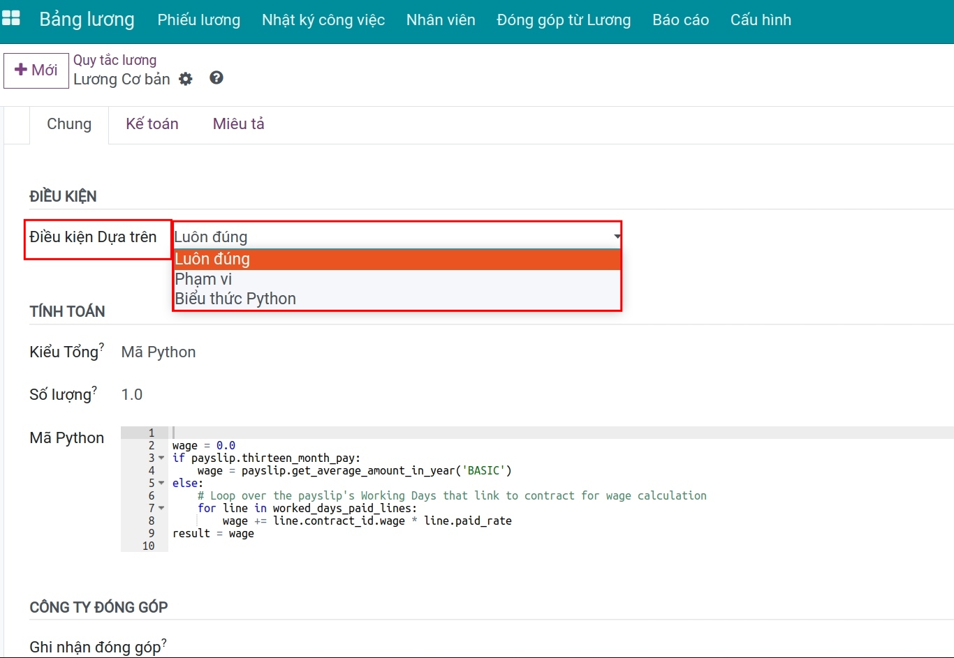 Các điều kiện tính toán cho quy tắc lương Bảng lương Viindoo