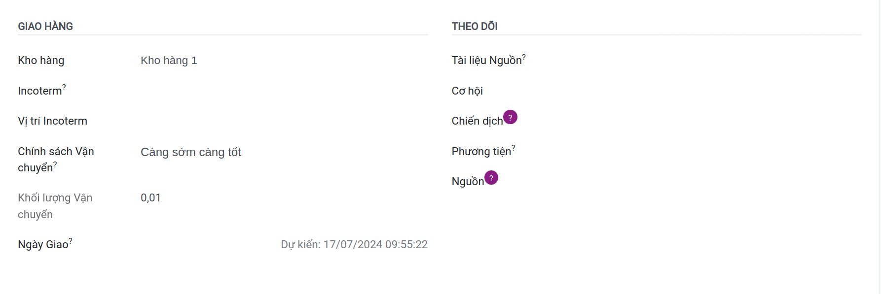 giao hàng và theo dõi trong giao diện đơn bán