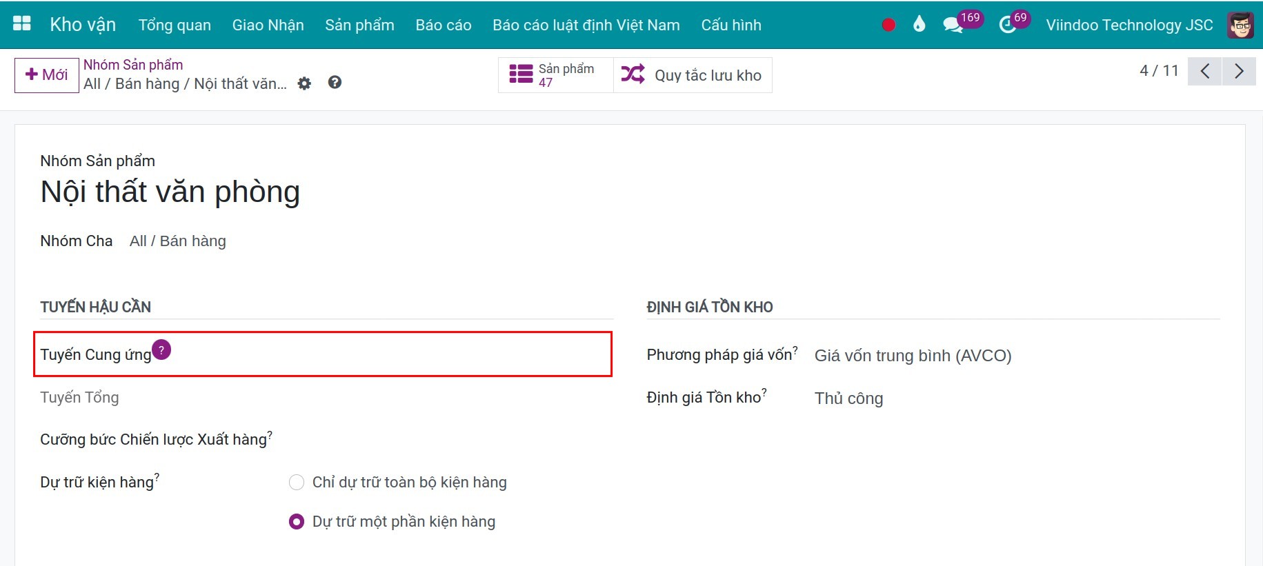 Cấu hình tuyến trên nhóm sản phẩm Kho vận Viindoo