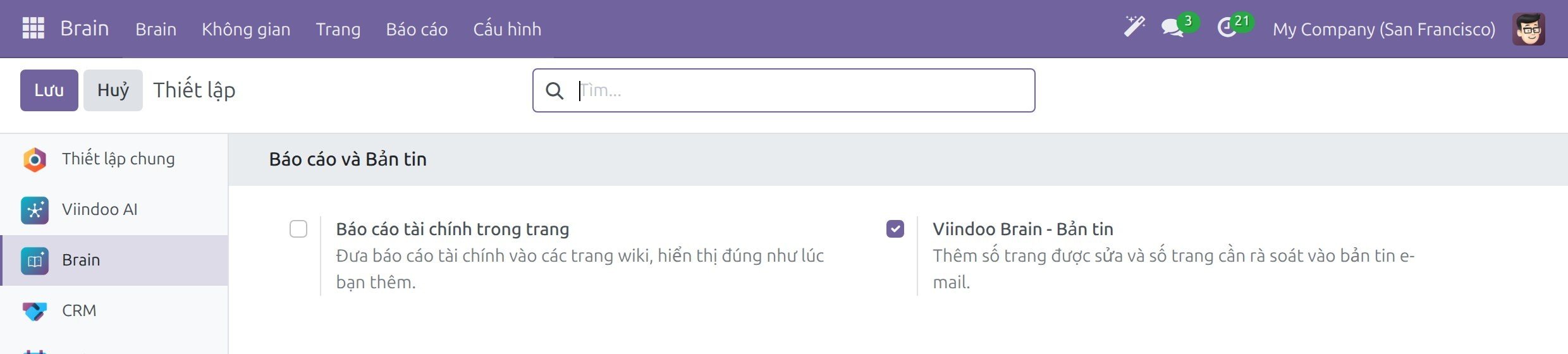 Khối Báo cáo và Bản tin của thiết lập Brain với tiện ích bổ sung Viindoo Brain - Bản tin được đánh dấu và mô tả một dòng của nó