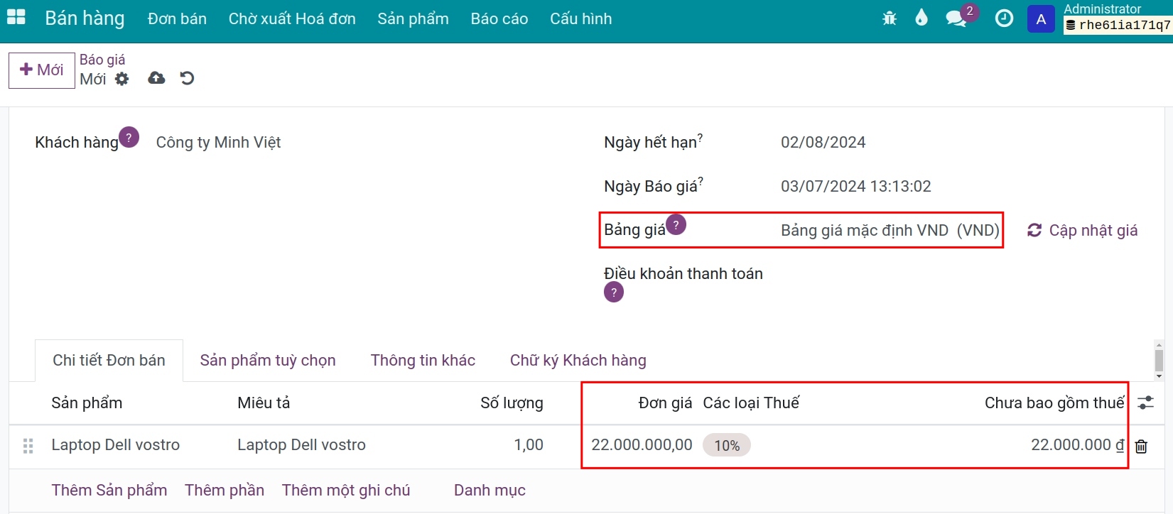 Đơn hàng có giá chưa bao gồm thuế - Viindoo Accounting