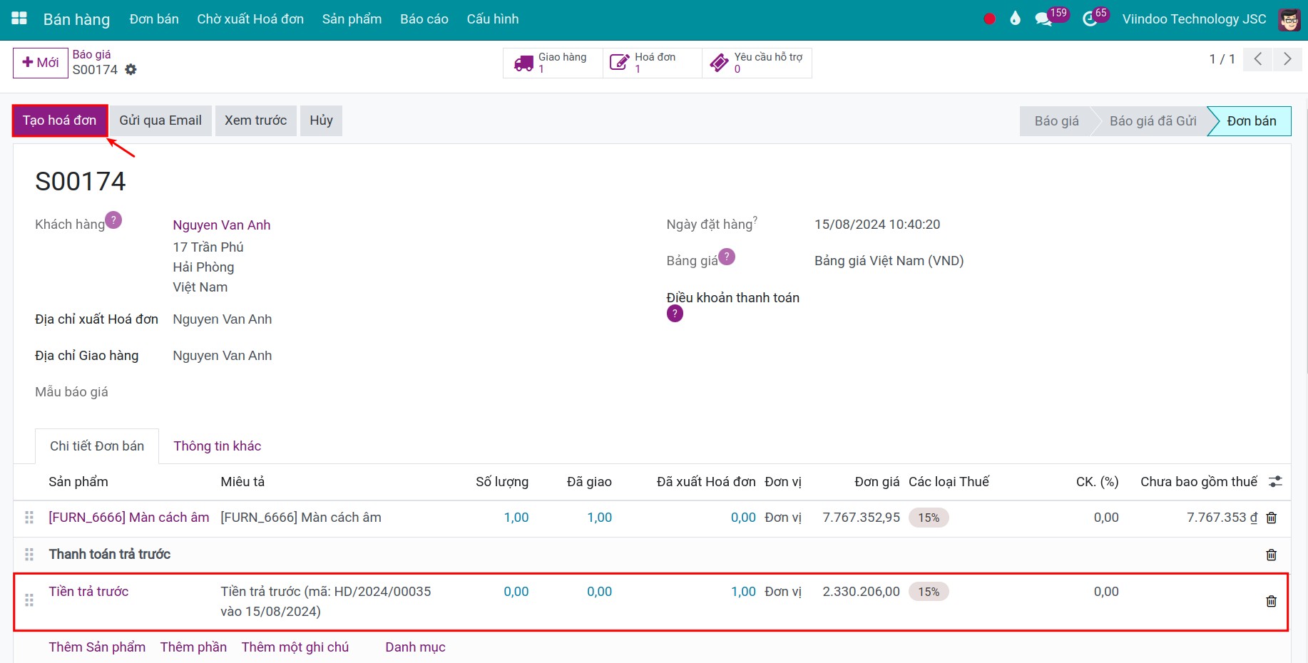 Tạo hóa đơn ghi nhận khoản tiền trả trước