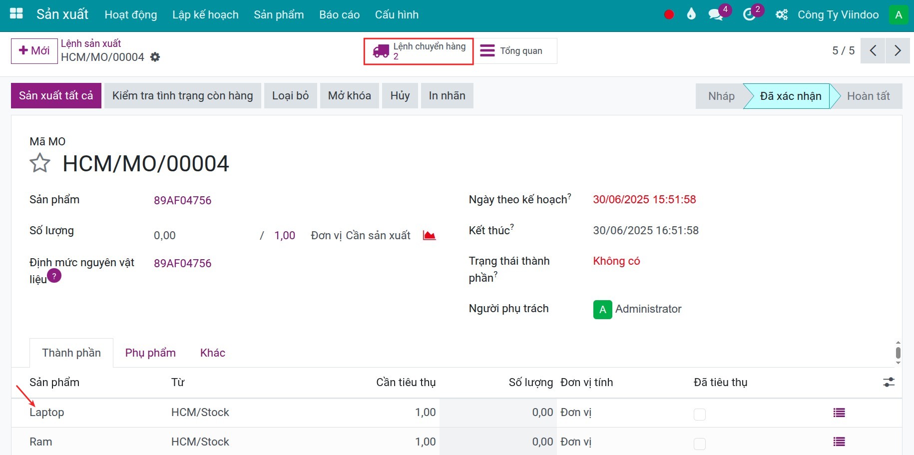 Internal transfers from manufacturing order