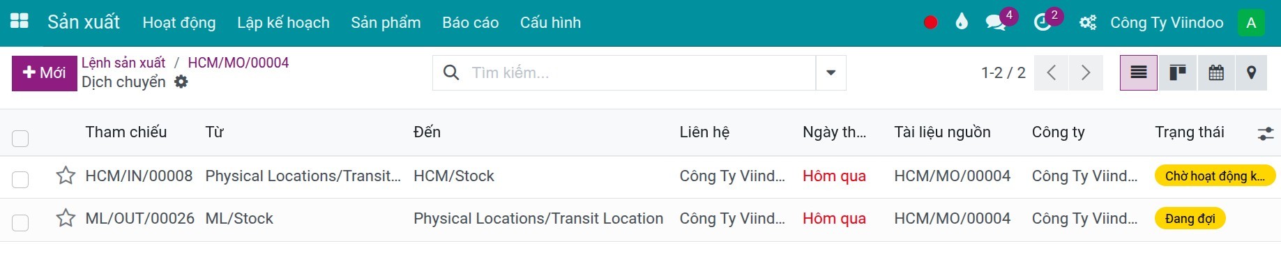Internal transfers from manufacturing order