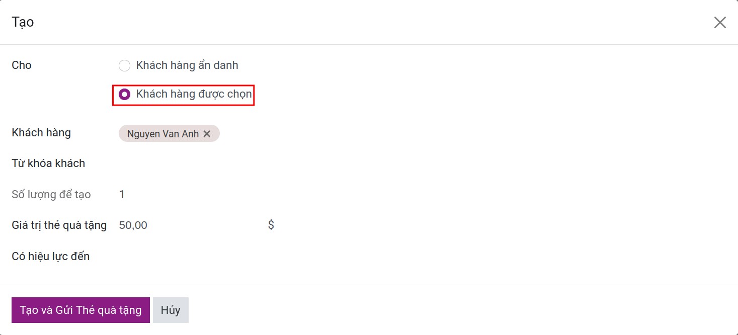 Chọn khách hàng cụ thể nhận thẻ quà tặng trong Viindoo