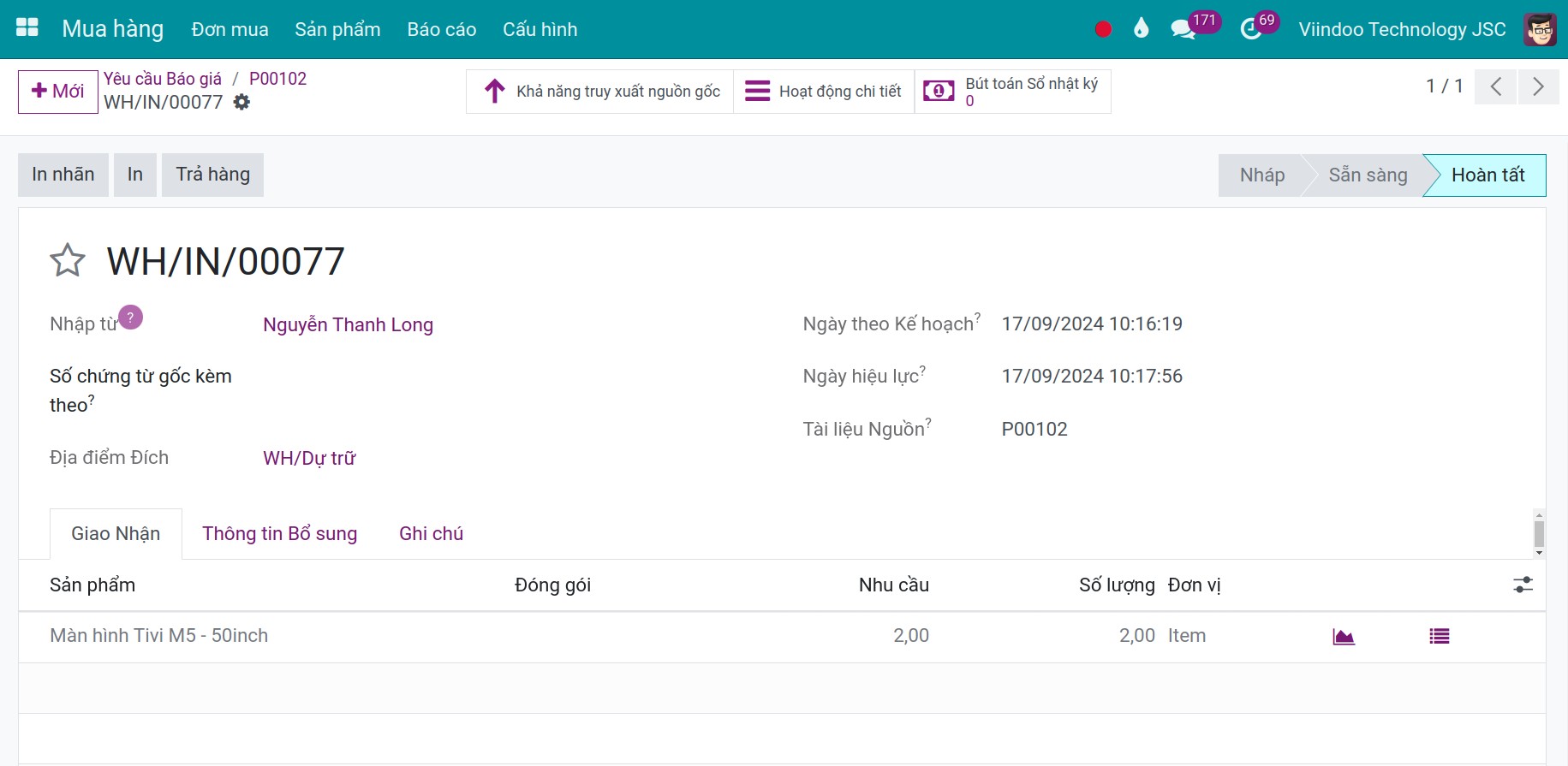 Nhập kho hàng hóa theo quy tắc sắp xếp trong Viindoo