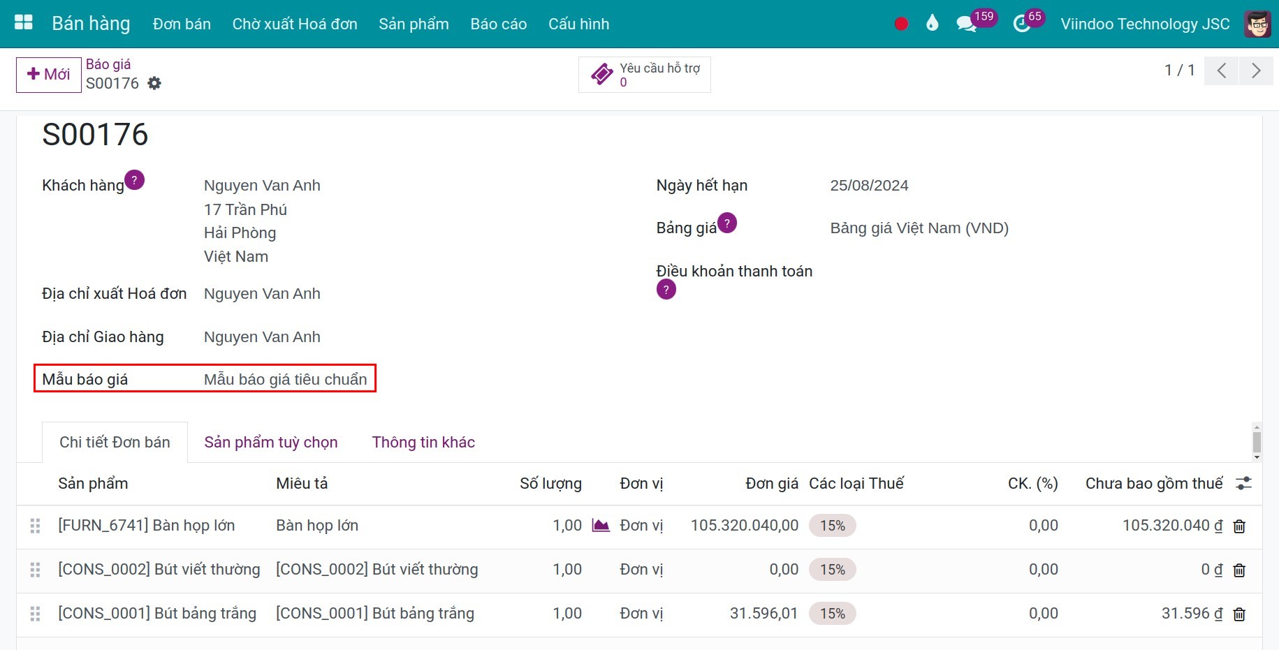 Sử dụng mẫu báo giá - Viindoo