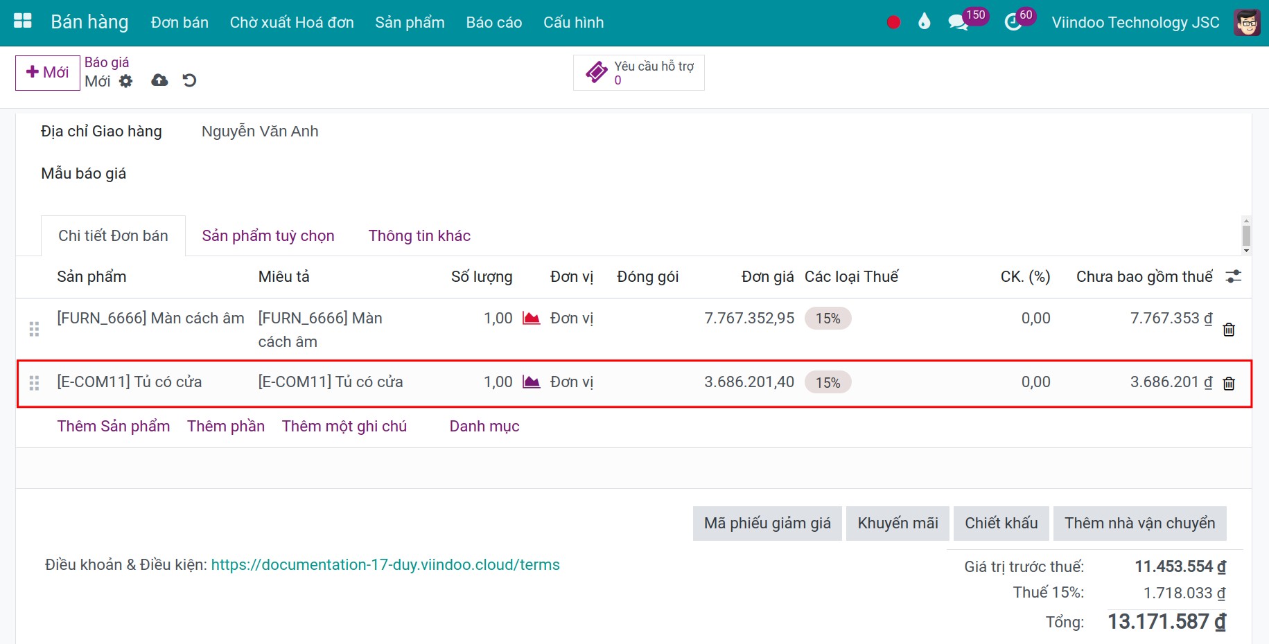 Sử dụng sản phẩm tùy chọn trong bán hàng - Viindoo.